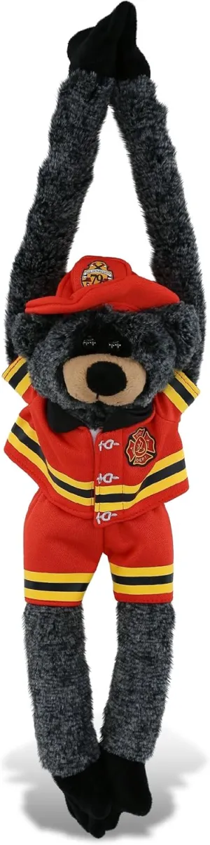 DolliBu Hanging Black Bear Firefighter Stuffed Animal with Name Personalization - Super Soft Black Bear with Red Fireman Costume Outfit and Fireman Hat, Fire Fighter Doll Plush Toy for Kids - 21 Inch