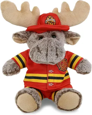 DolliBu Sitting Moose Firefighter Stuffed Animal with Name Personalization - Super Soft Moose with Red Fireman Costume Outfit and Fireman Hat, Cute Fire Fighter Doll Plush Toy for Kids - 9 Inch