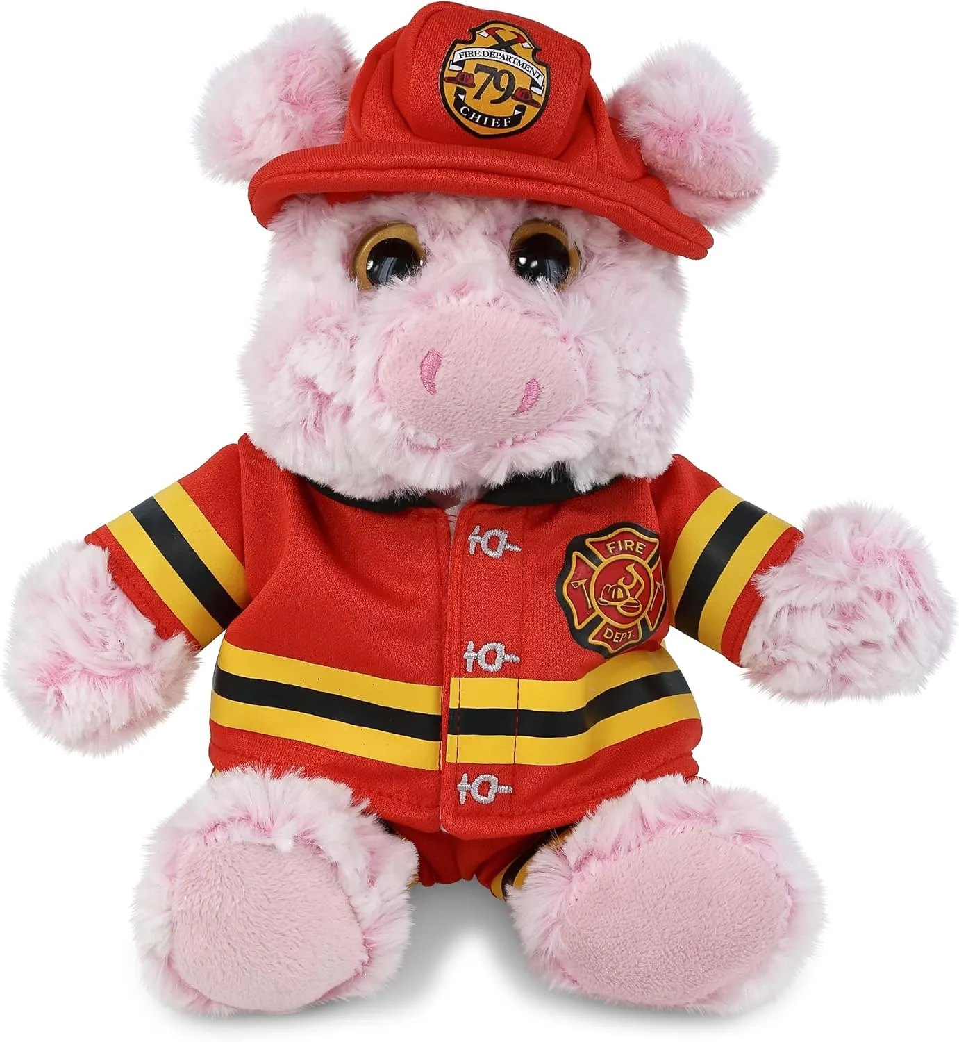 DolliBu Sitting Pig Firefighter Stuffed Animal with Name Personalization - Super Soft Pig with Red Fireman Costume Outfit and Fireman Hat, Cute Fire Fighter Doll Plush Toy for Kids - 9 Inch