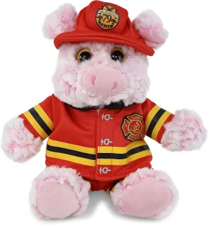 DolliBu Sitting Pig Firefighter Stuffed Animal with Name Personalization - Super Soft Pig with Red Fireman Costume Outfit and Fireman Hat, Cute Fire Fighter Doll Plush Toy for Kids - 9 Inch