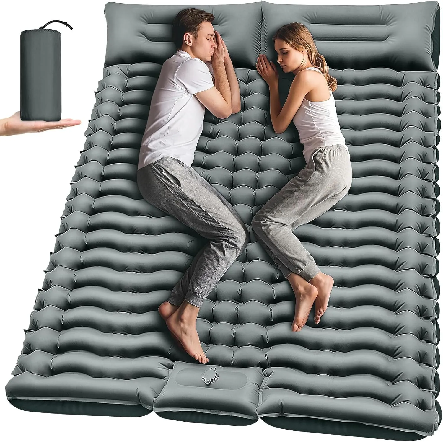 Double Camping Sleeping Pad, Inflatable Camping Pad Foot Press Ultralight 2 Person Camping Mat with Pillow for Camping Hiking Traveling Backpacking Tent - Gray