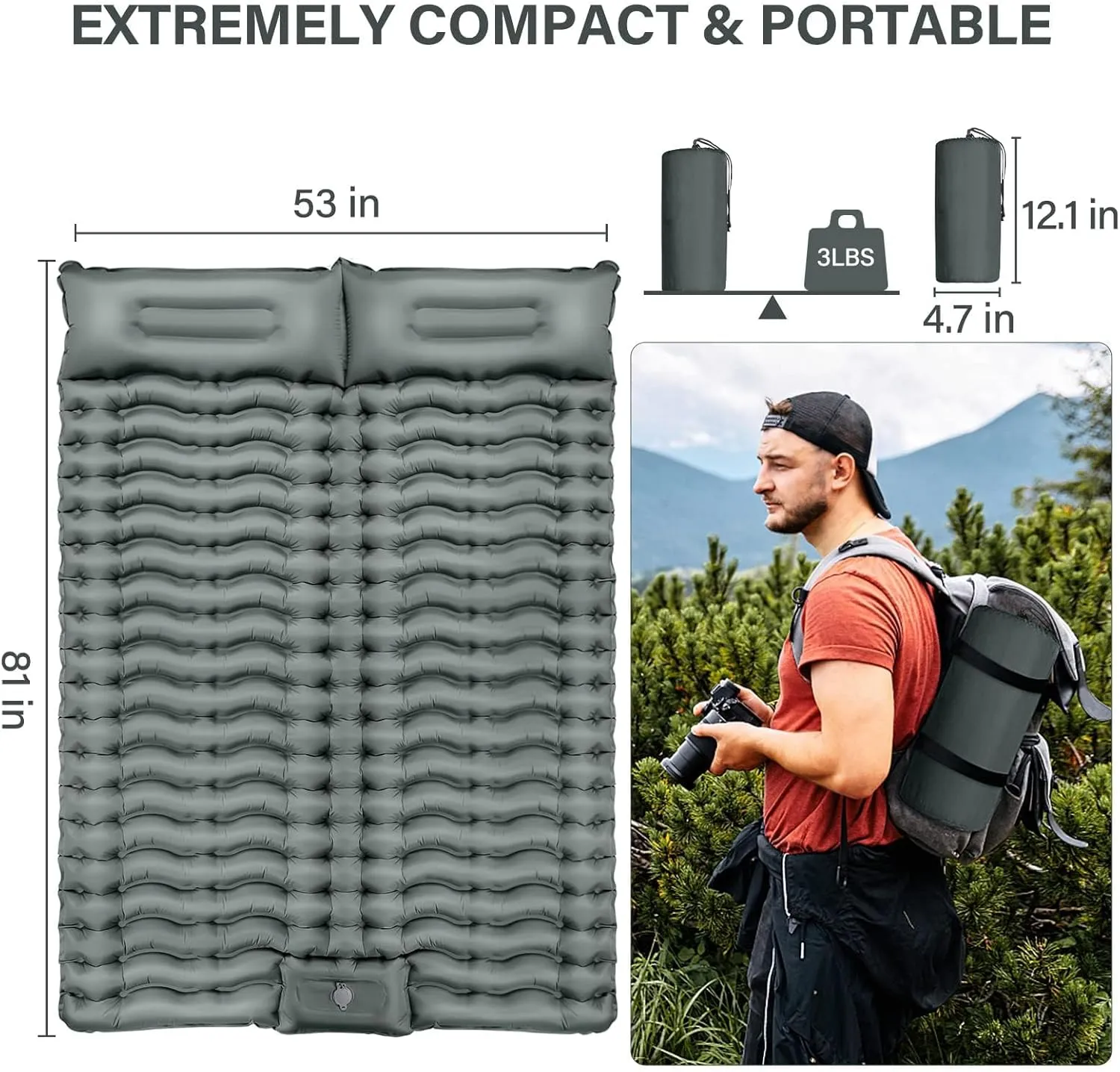 Double Camping Sleeping Pad, Inflatable Camping Pad Foot Press Ultralight 2 Person Camping Mat with Pillow for Camping Hiking Traveling Backpacking Tent - Gray