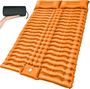 Double Camping Sleeping Pad, Inflatable Camping Pad Foot Pump Ultralight 2 Person Camping Mat with Pillow for Camping Hiking Traveling Backpacking Tent - Orange, Single