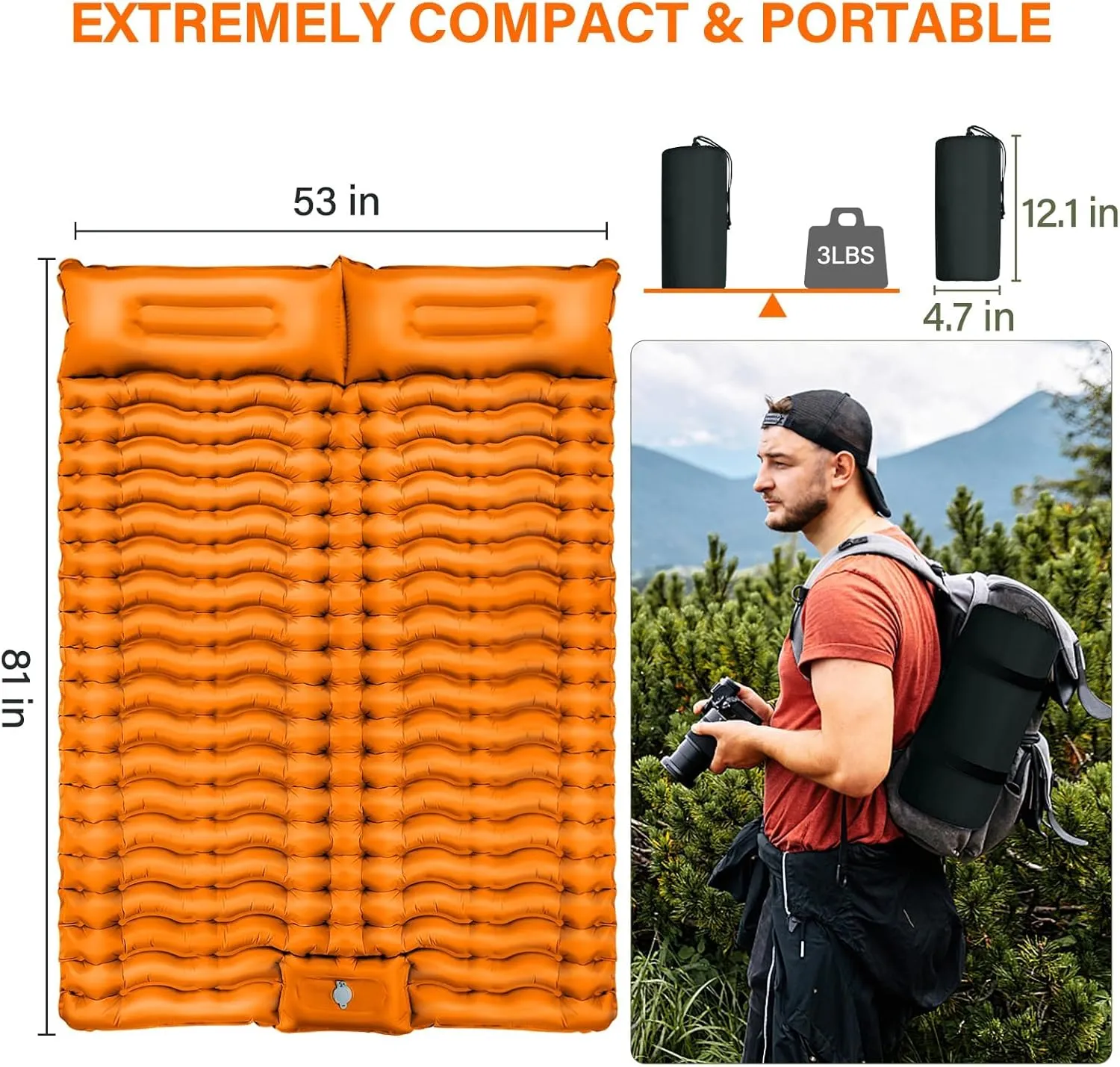Double Camping Sleeping Pad, Self Inflating 4" Extra-Thick Foot Press Ultralight 2 Person Camping Mat with Pillow for Camping Hiking Traveling Backpacking Tent-Orange
