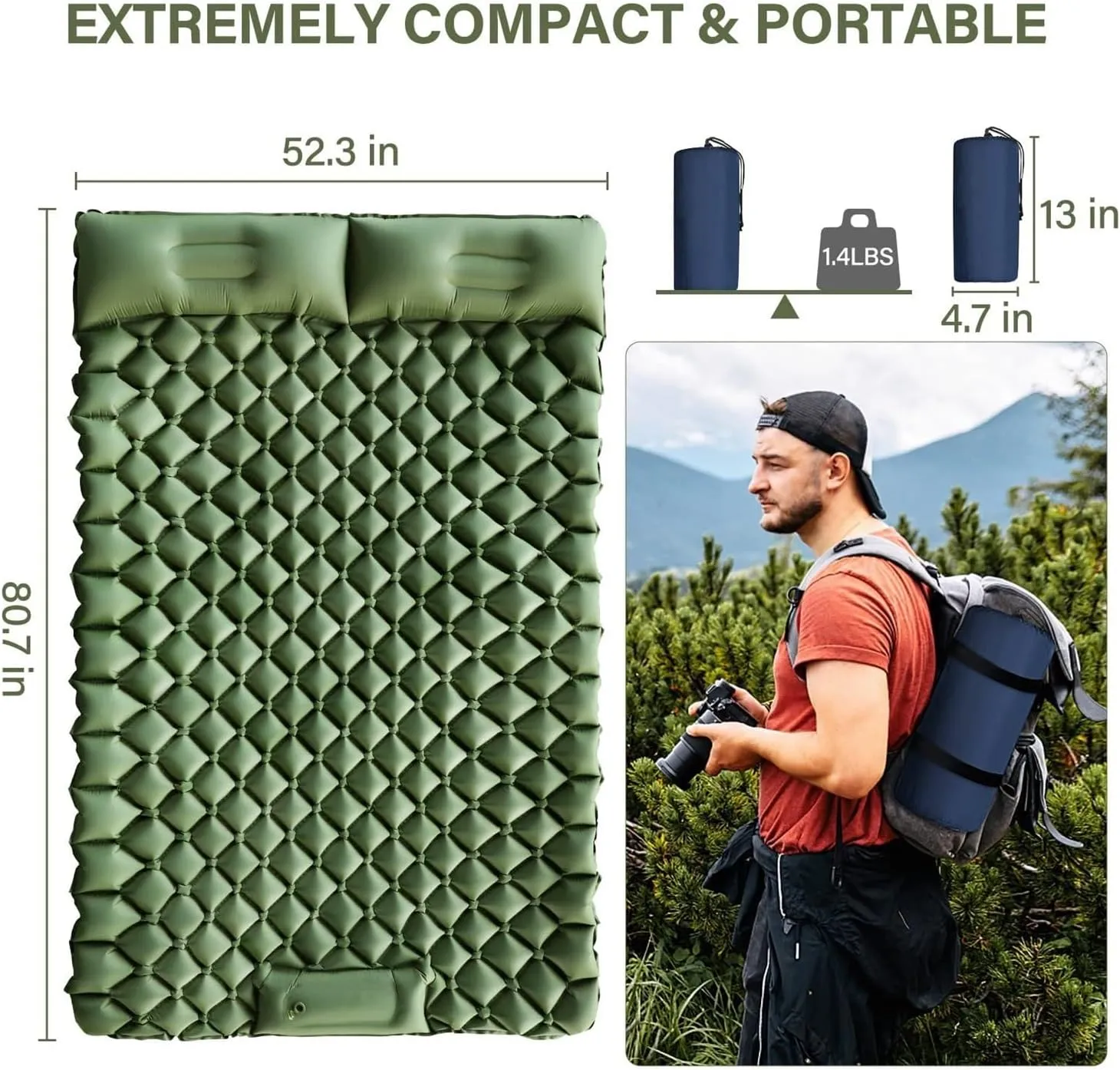 Double Camping Sleeping Pad - Ultralight Outdoor Travel Sleeping Pad, 40D Nylon Composite TPU Foot Inflatables Pad with Pillow, Suitable for Backpacking, Hiking, Travel, Tent, Portable Campin