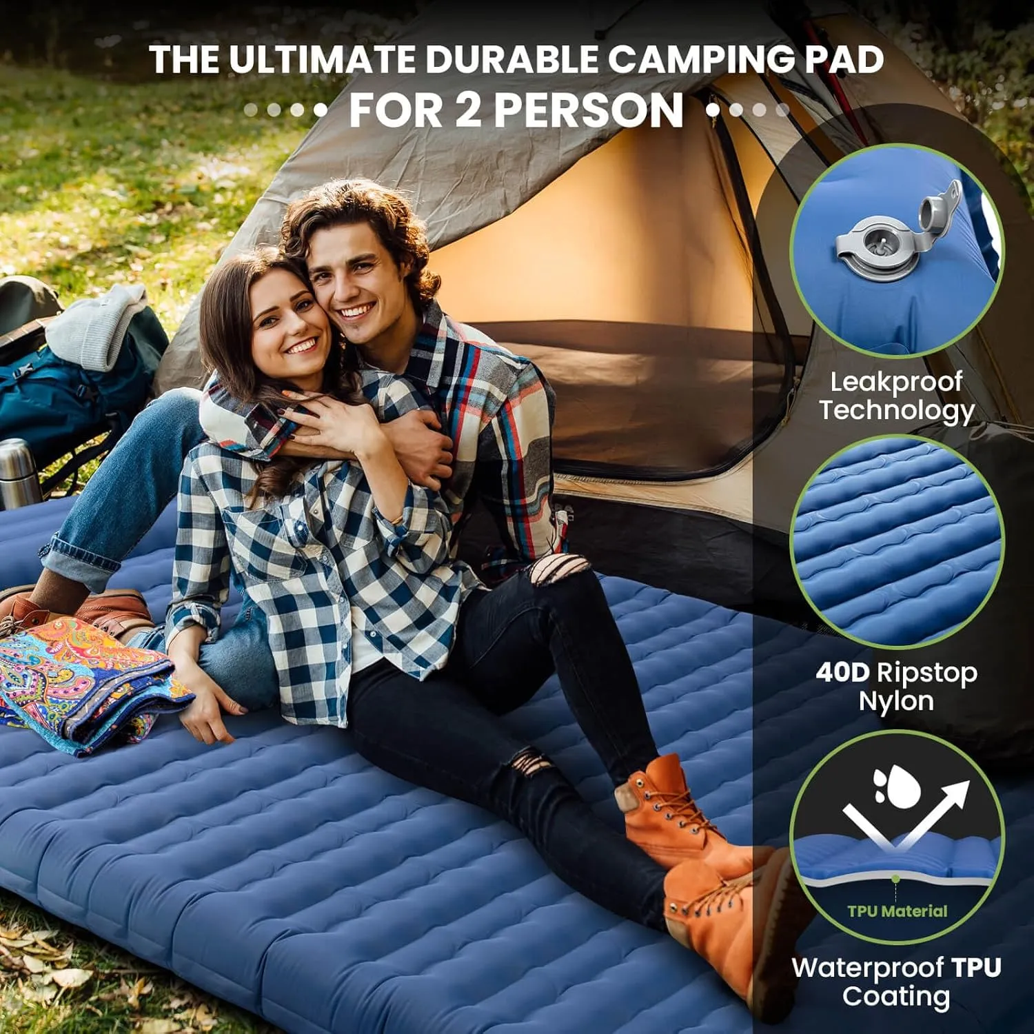Double Sleeping Pad, 4.7“ Ultra-Thick Camping Mattress 2 Person for Backpacking, Hiking(Blue)