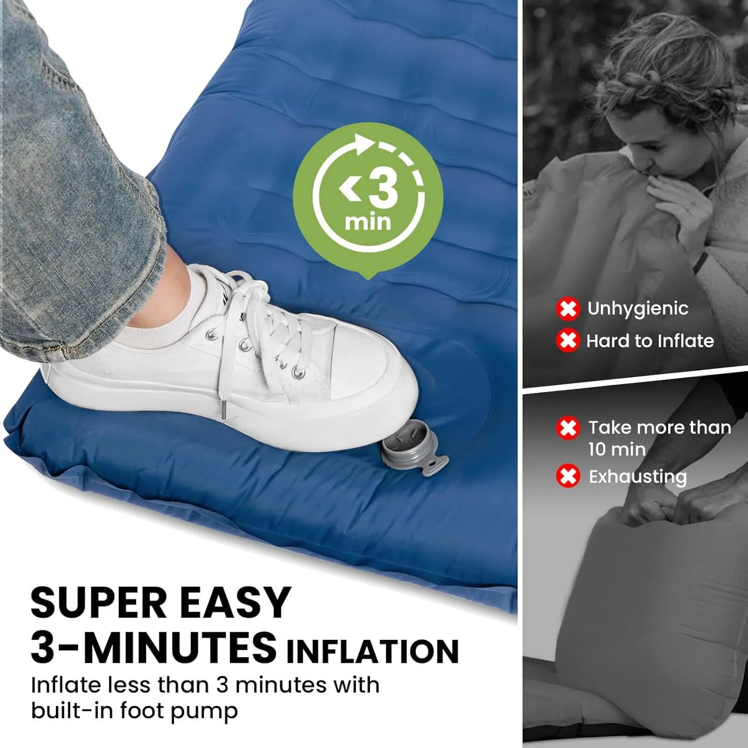 Double Sleeping Pad, 4.7“ Ultra-Thick Camping Mattress 2 Person for Backpacking, Hiking(Blue)