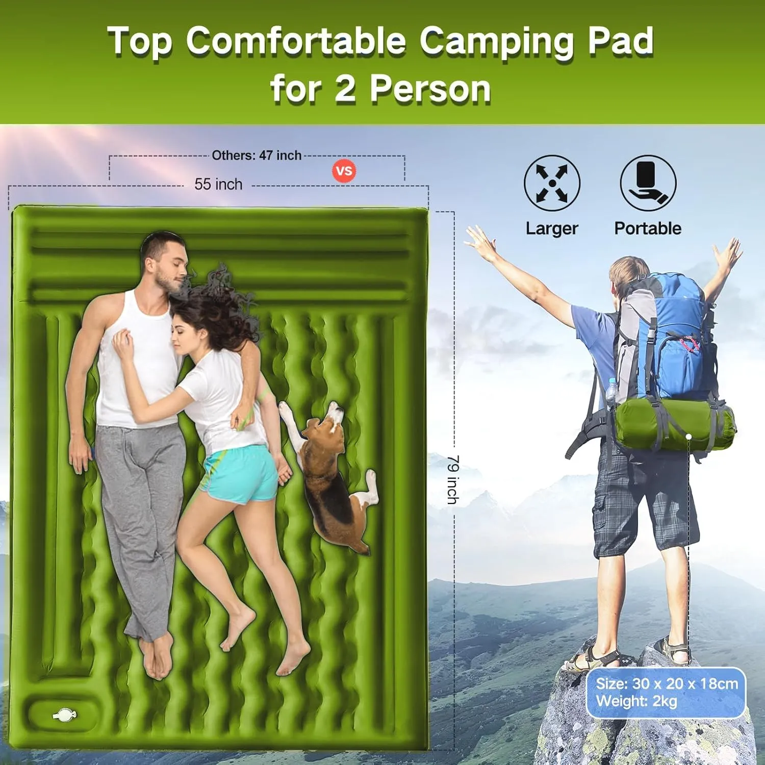 Double Sleeping Pad Camping, Self Inflating 6'' Extra-Thick 2 Person Pillow Built-in Foot Pump Waterproof Inflatable Sleeping Mat Backpacking, Tent, Hiking, Portable Camping Pad (Yellow Grey)