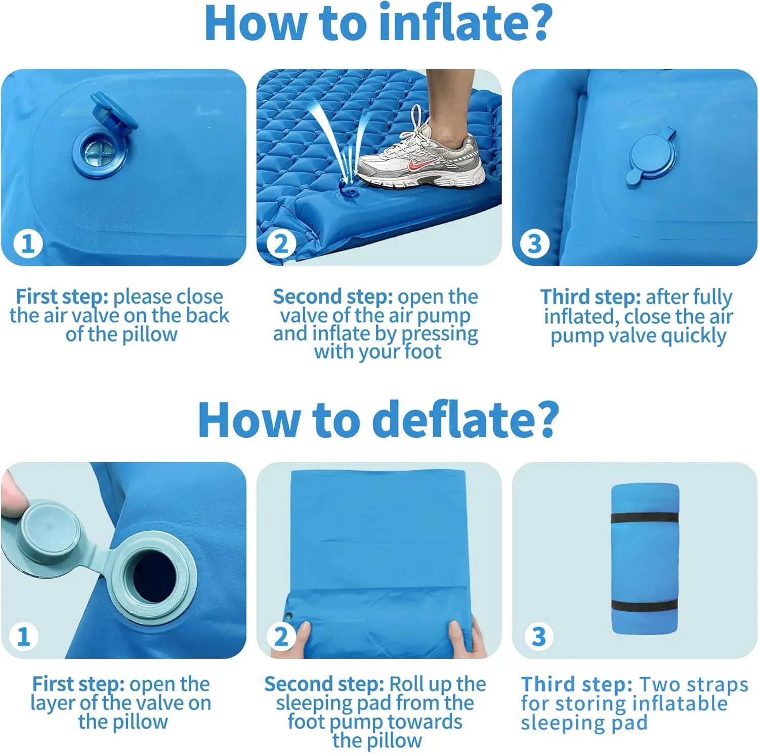 Double Sleeping Pad for Camping, 2 Person Ultralight Inflatable Sleeping Mat with Pillow and Built-in Foot Pump, Portable Camping Mattress for Tent, Backpacking, Hiking, Traveling（Blue