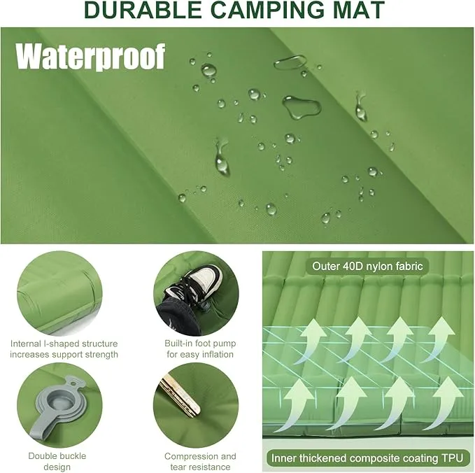 Double Sleeping Pad for Camping, 4.72" Ultra-Thick Self Inflating Camping Pad 2 Person with Pillow Built-in Foot Pump Portable Camping Pad for Backpacking, Hiking, Tent, Traveling(Green)