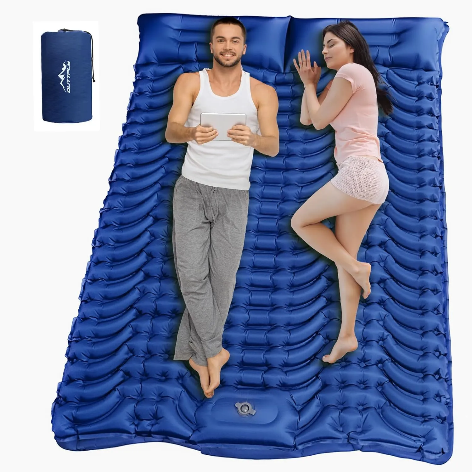 Double Sleeping Pad for Camping, 4" Extra-Thick, Self Inflating Camping Mattress for 2 Person with Pillow, Built-in Foot Pump, Portable Sleeping Mat for Backpacking, Hiking, Traveling, Tent