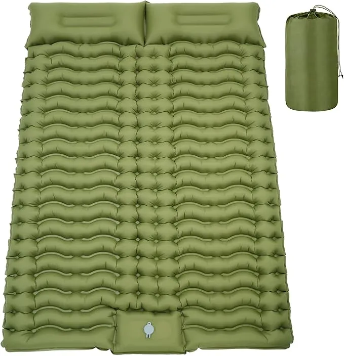 Double Sleeping Pad for Camping 4" Thickness Self Inflating Camping Mat with Pillow Built-in Foot Pump Portable 2 Person Camping Pad Waterproof Camping Mattress for Backpacking Hiking Traveling Tent