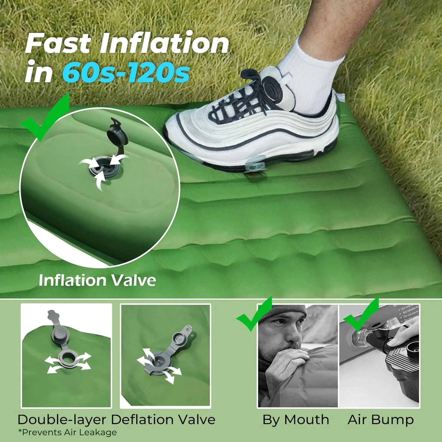 Double Sleeping Pad for Camping, 5" Ultra-Thick Inflatable Mat with Built-in Foot Pump, 2-Person Ultralight Camping Mat with Pillow, Insulated Sleeping Mat for Backpacking, Hiking, Tent Use