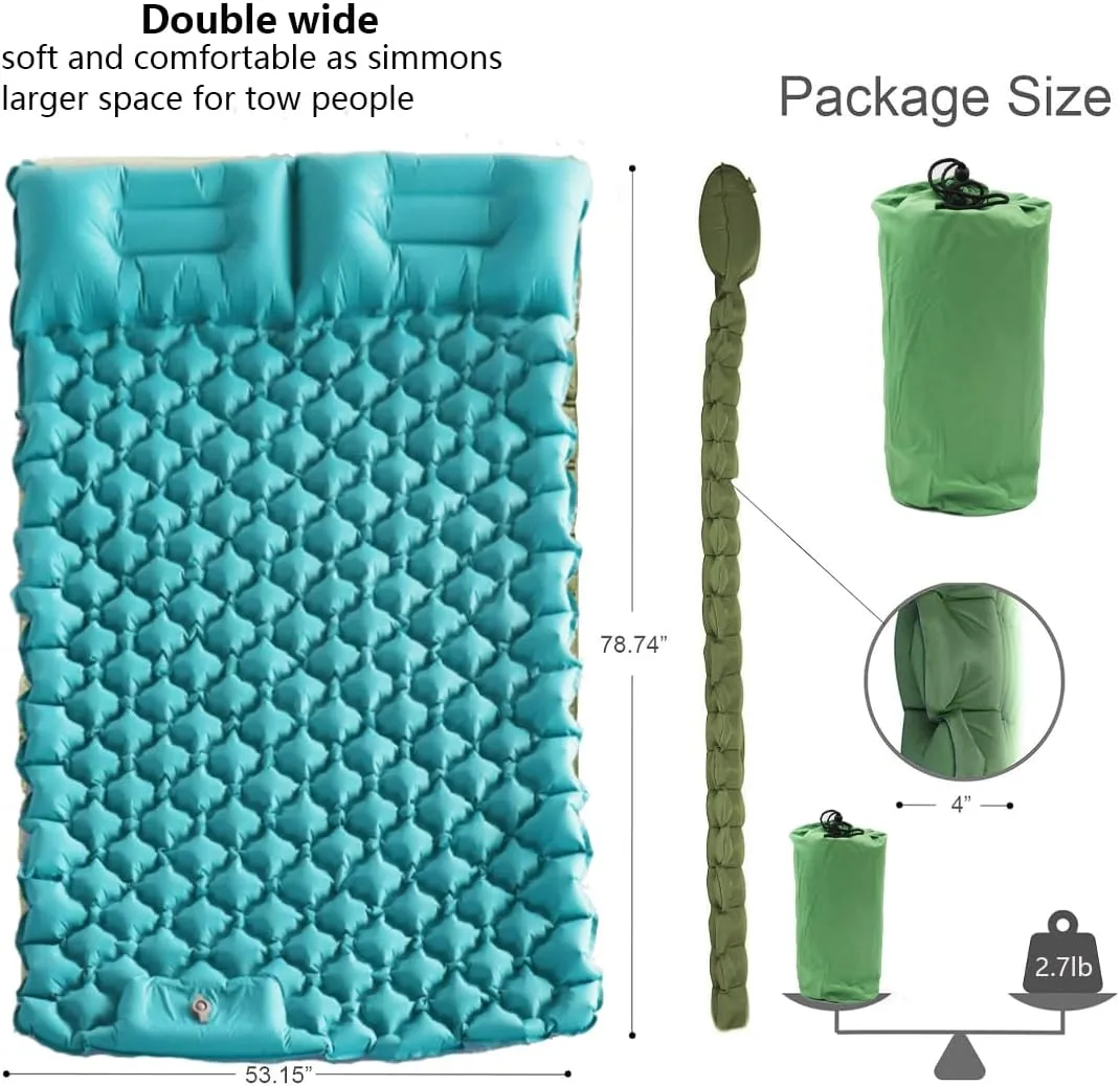 Double Sleeping Pad for Camping, Extra Thickness Inflatable Sleeping Mat with Pillow Built-in Pump, Inflatable & Compact Camping Hiking Traveling