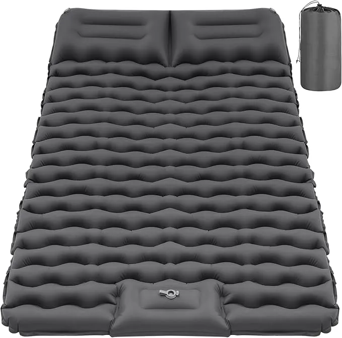 Double Sleeping Pad for Camping, Grey Inflatable Sleeping Mat with Pillow, Ultralight 2 Person Camping Pad with Built-in Foot Pump for Backpacking, Hiking, Tent, Portable Camping Mattress