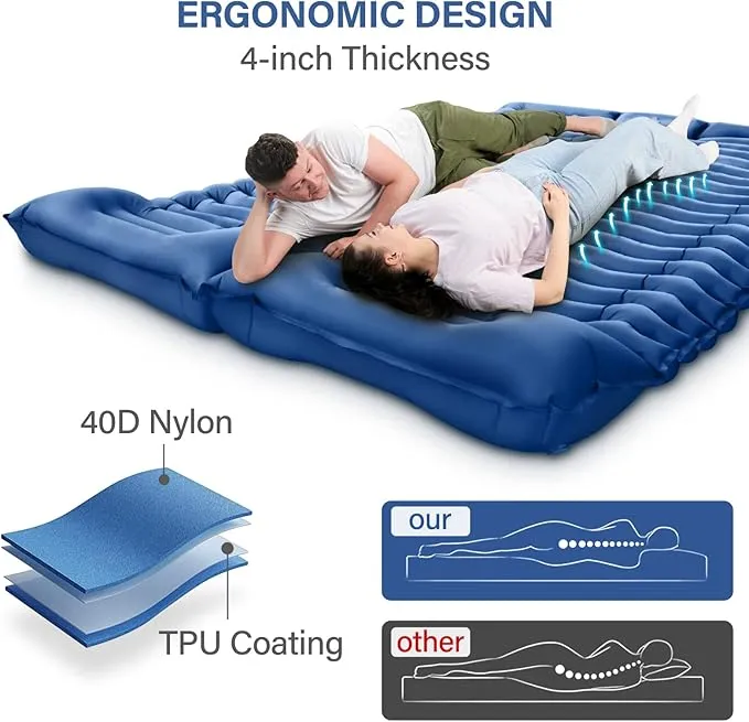 Double Sleeping Pad for Camping - Self Inflating 4" Extra-Thick for 2 Person with Pillow Built-in Foot Pump Inflatable Sleeping Mat for Backpacking, Hiking, Traveling, Tent