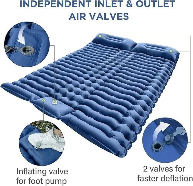 Double Sleeping Pad for Camping - Self Inflating 4" Extra-Thick for 2 Person with Pillow Built-in Foot Pump Inflatable Sleeping Mat for Backpacking, Hiking, Traveling, Tent