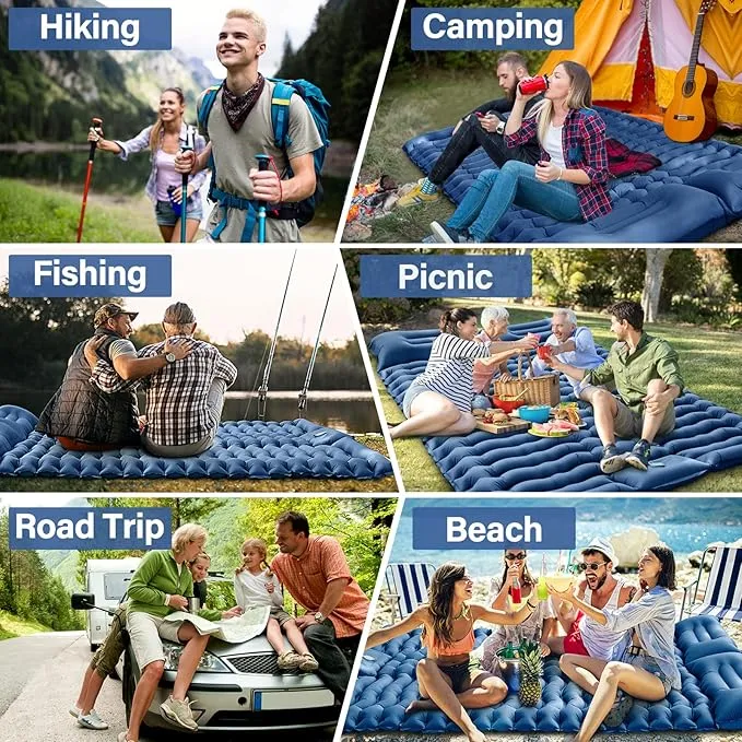 Double Sleeping Pad for Camping - Self Inflating 4" Extra-Thick for 2 Person with Pillow Built-in Foot Pump Inflatable Sleeping Mat for Backpacking, Hiking, Traveling, Tent