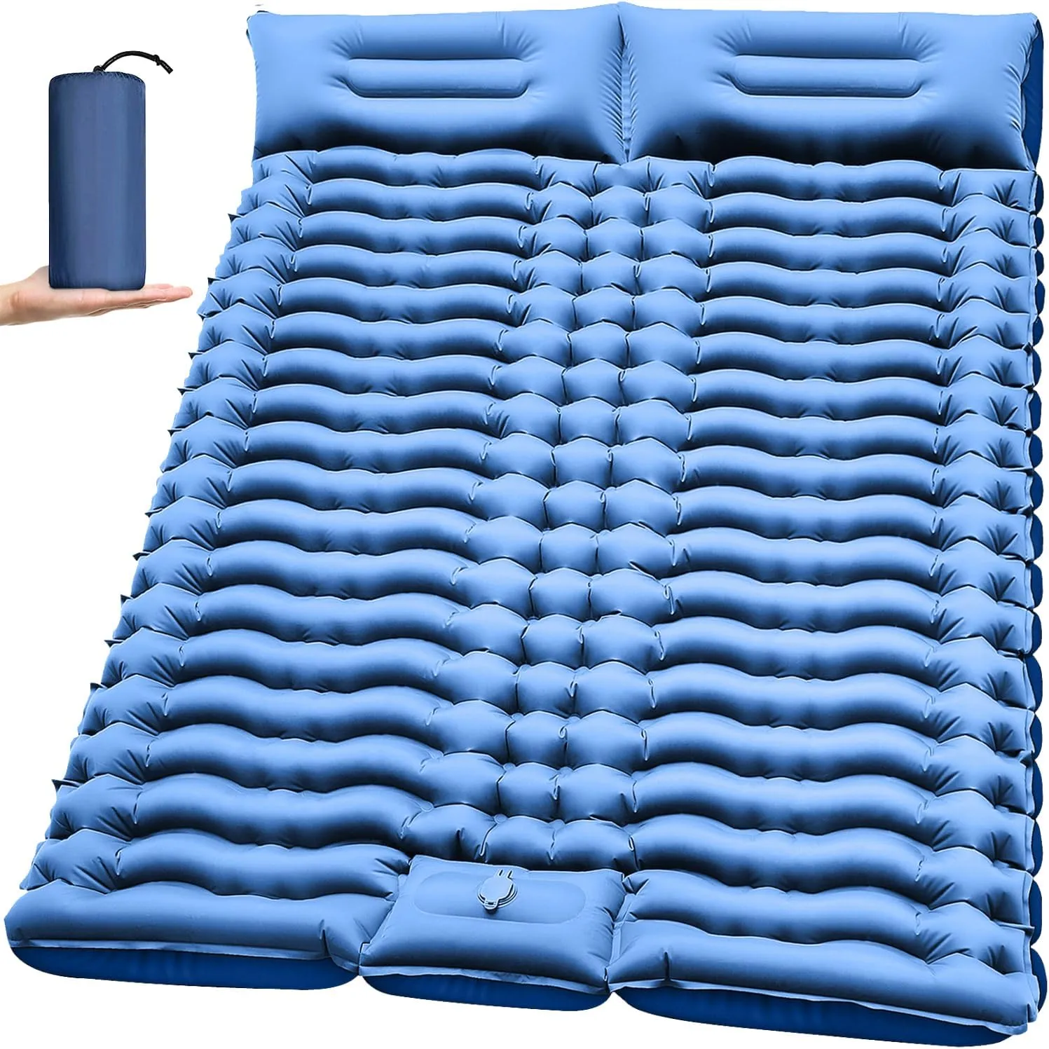 Double Sleeping Pad for Camping- Self Inflating 4"" Extra-Thick with Pillow Built-in Foot Pump Inflatable Sleeping Mat for Backpacking, Hiking, Traveling, Tent, Full, Blue, ZYK-SRBT-01