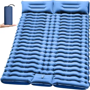 Double Sleeping Pad for Camping- Self Inflating 4"" Extra-Thick with Pillow Built-in Foot Pump Inflatable Sleeping Mat for Backpacking, Hiking, Traveling, Tent, Full, Blue, ZYK-SRBT-01