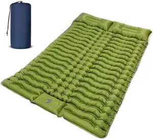 Double Sleeping Pad, Self Inflating 4" Sleeping Mat for 2 Person with Pillow, Built-in Foot Pump, Inflatable Sleeping Mat, Portable Camping Mat for Backpacking, Hiking, Traveling, Tent, Green