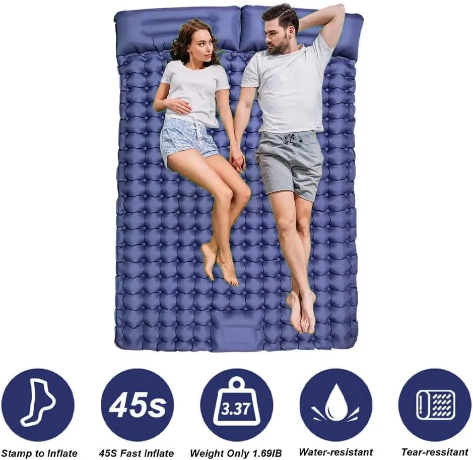 Double Sleeping Pad, Self-Inflating Sleeping Pad for Camping, Camping Sleeping Pad with Built-in Pump, 4" Extra Thickness Inflatable Sleeping Mat, Twin Air Mattress for Traveling (Blue)