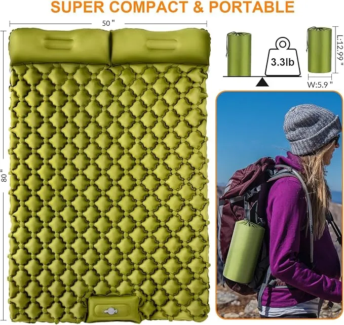 Double Sleeping Pad, Ultralight 4" Extra-Thick Self Inflating Sleeping Mat for 2 Person with Pillow Built-in Foot Pump Portable Camping Mat for Backpacking, Hiking (Army Yellow)