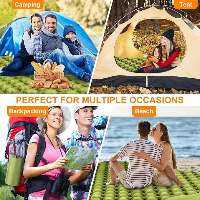 Double Sleeping Pad, Ultralight 4" Extra-Thick Self Inflating Sleeping Mat for 2 Person with Pillow Built-in Foot Pump Portable Camping Mat for Backpacking, Hiking (Army Yellow)