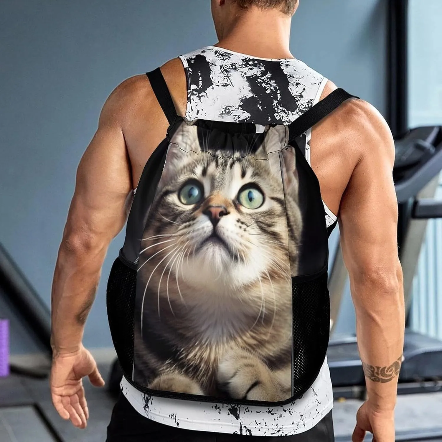 Drawstring Backpack Sports Gym Bag with Zipper Cat Waterproof Sackpack Large String Bag for Yoga Beach