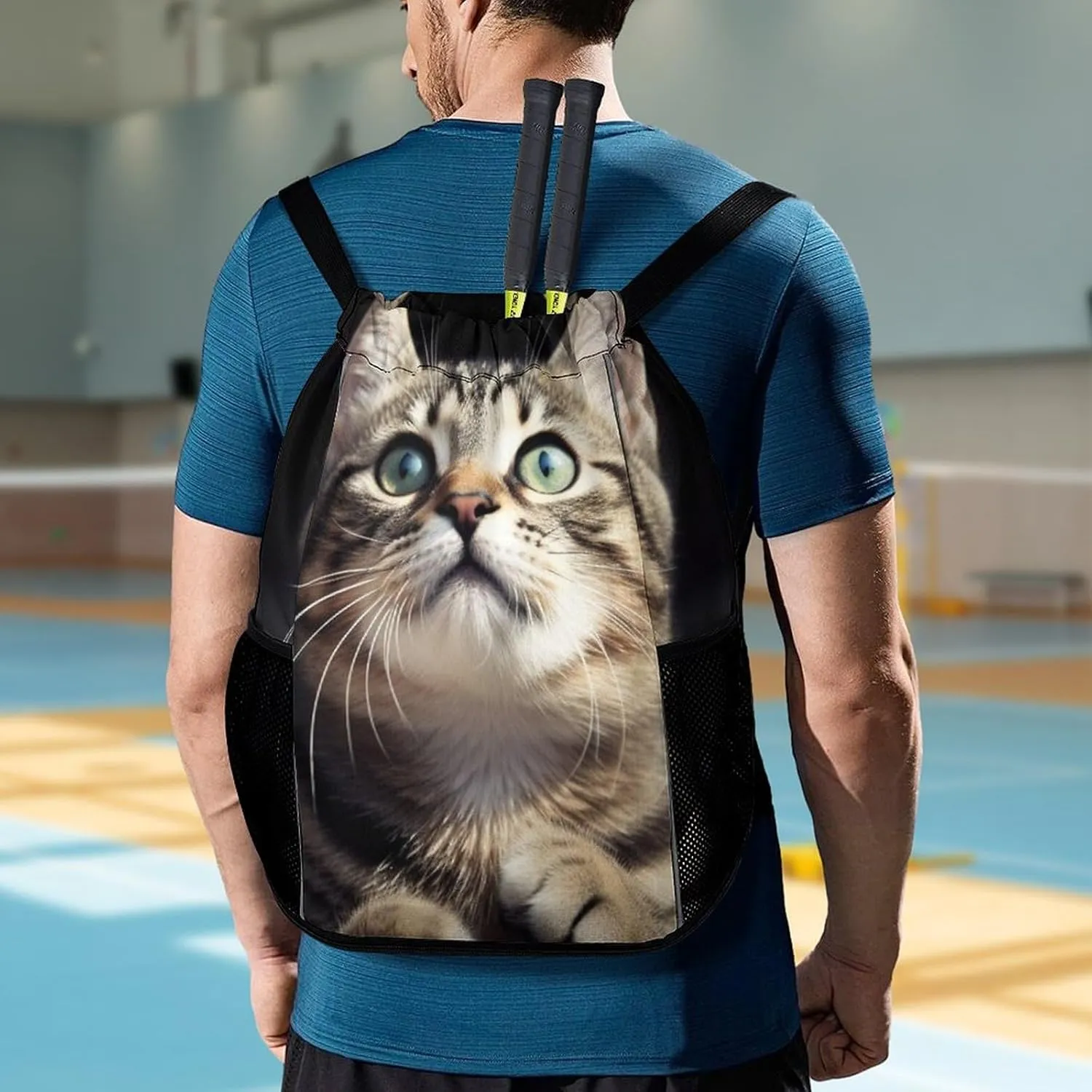 Drawstring Backpack Sports Gym Bag with Zipper Cat Waterproof Sackpack Large String Bag for Yoga Beach