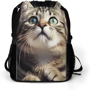 Drawstring Backpack Sports Gym Bag with Zipper Cat Waterproof Sackpack Large String Bag for Yoga Beach