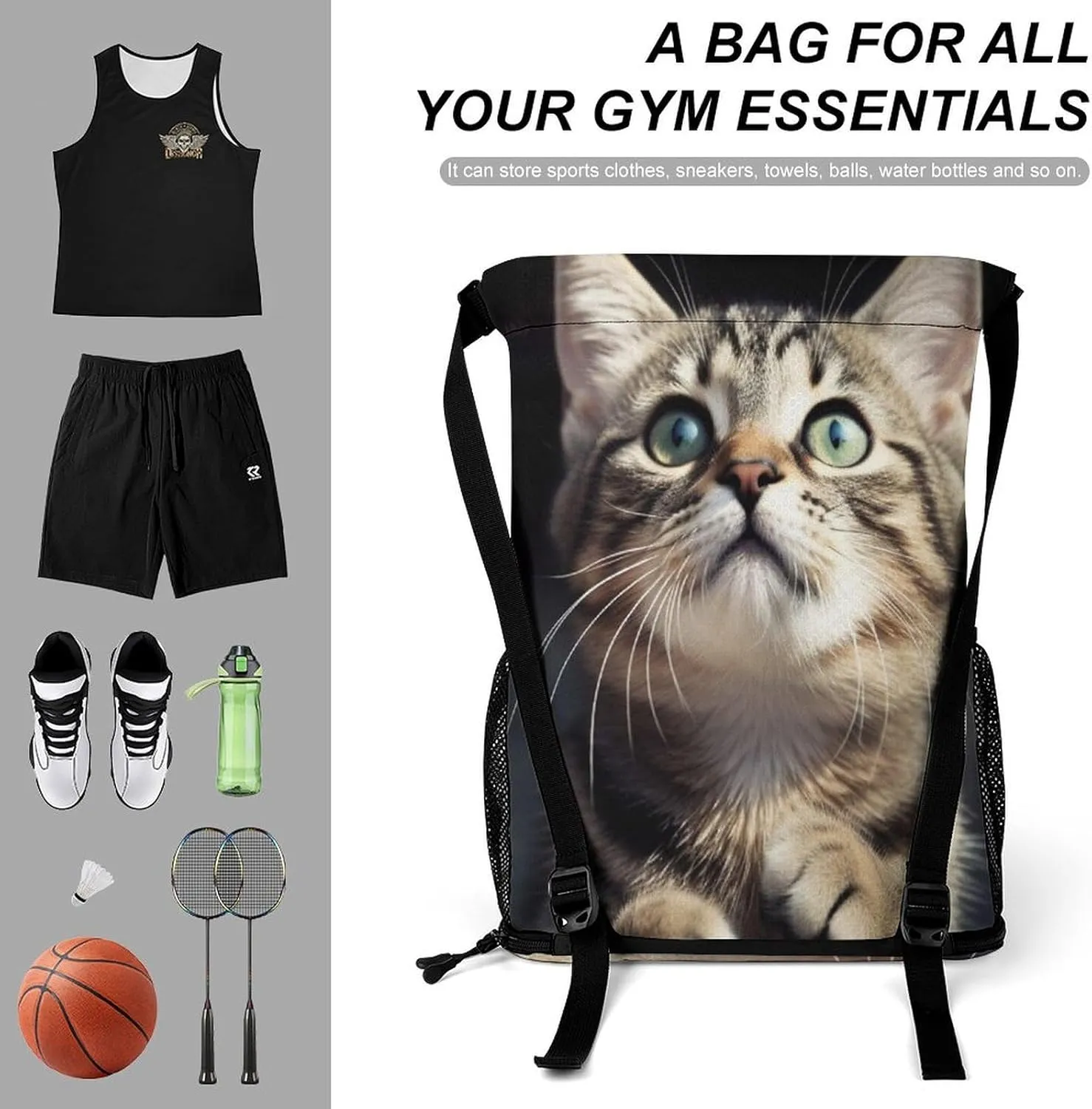 Drawstring Backpack Sports Gym Bag with Zipper Cat Waterproof Sackpack Large String Bag for Yoga Beach