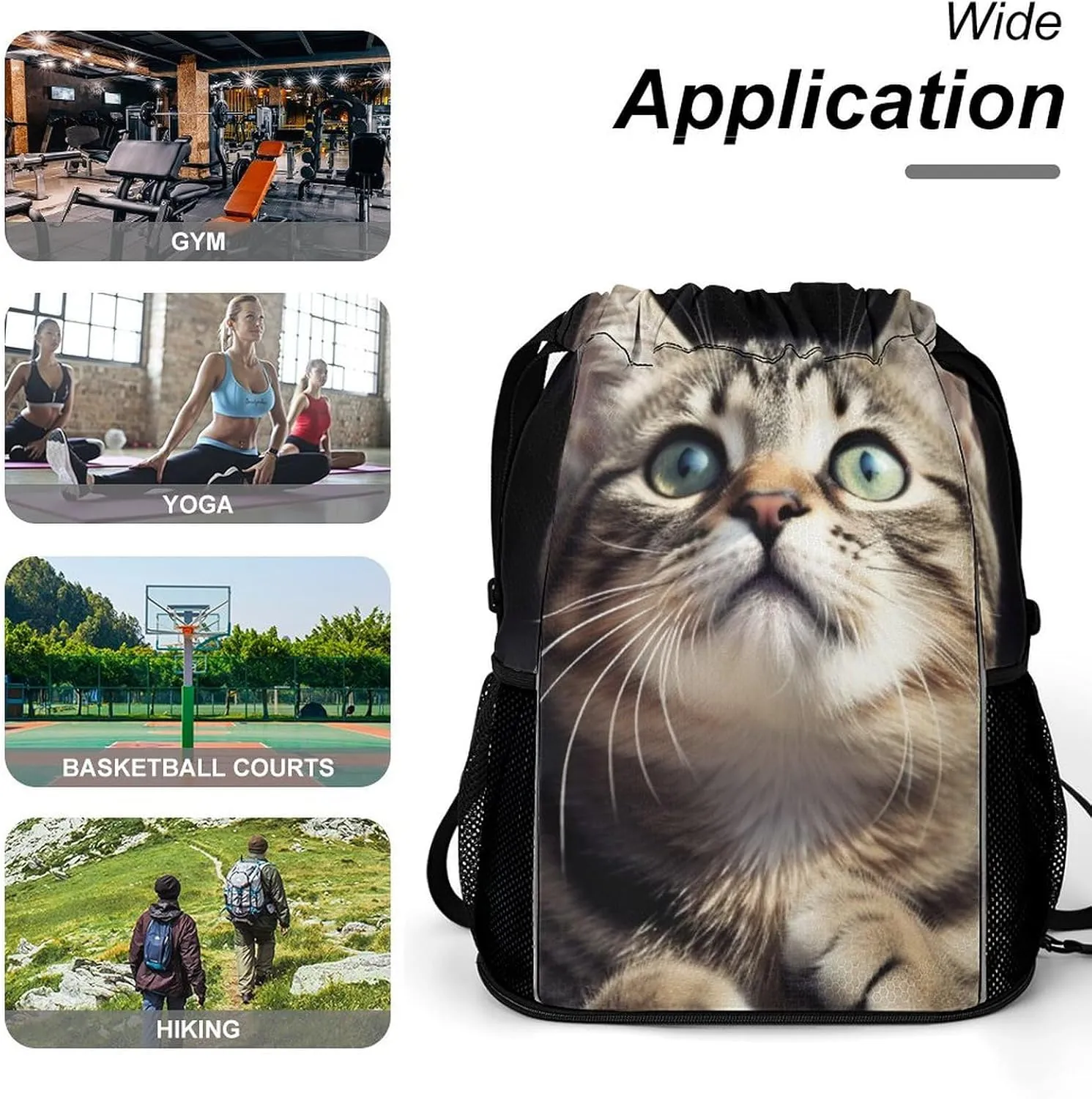Drawstring Backpack Sports Gym Bag with Zipper Cat Waterproof Sackpack Large String Bag for Yoga Beach