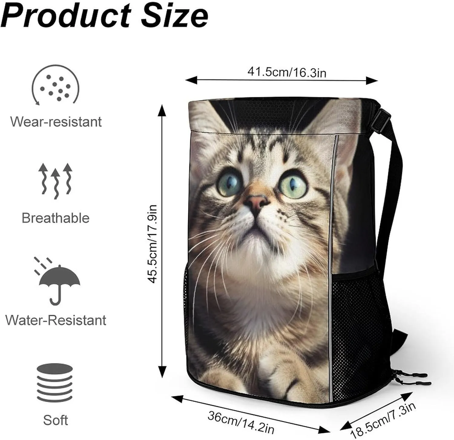 Drawstring Backpack Sports Gym Bag with Zipper Cat Waterproof Sackpack Large String Bag for Yoga Beach