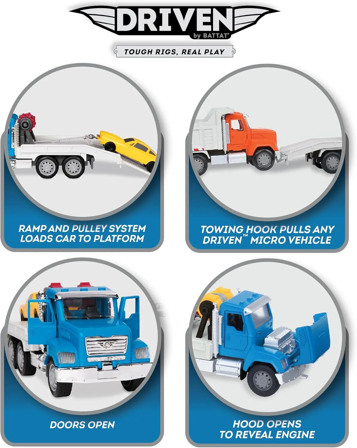 Driven by Battat - 4-Piece Toy Truck Set with Lights & Sounds - Interactive Vehicle Collection with Fire, Tow, Garbage & Log Trucks - Kids Toys with LED Lights, Ages 3 