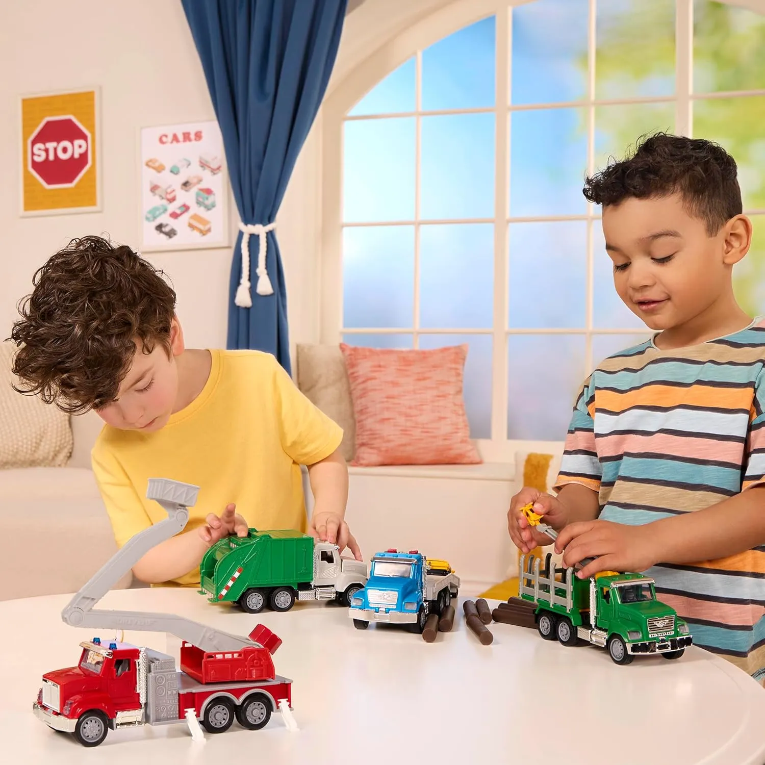 Driven by Battat - 4-Piece Toy Truck Set with Lights & Sounds - Interactive Vehicle Collection with Fire, Tow, Garbage & Log Trucks - Kids Toys with LED Lights, Ages 3 