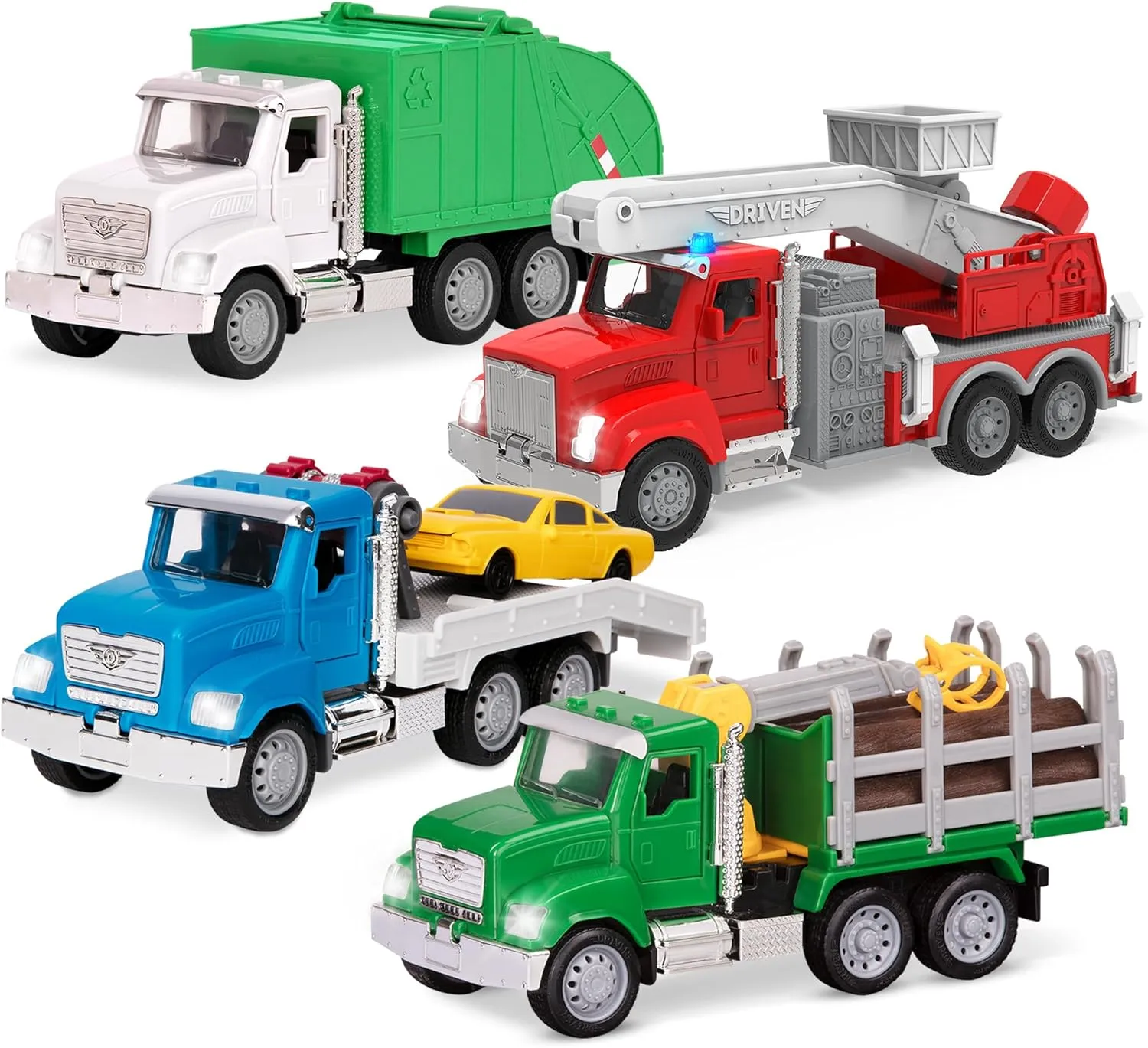 Driven by Battat - 4-Piece Toy Truck Set with Lights & Sounds - Interactive Vehicle Collection with Fire, Tow, Garbage & Log Trucks - Kids Toys with LED Lights, Ages 3 