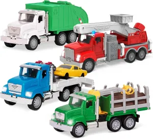 Driven by Battat - 4-Piece Toy Truck Set with Lights & Sounds - Interactive Vehicle Collection with Fire, Tow, Garbage & Log Trucks - Kids Toys with LED Lights, Ages 3 