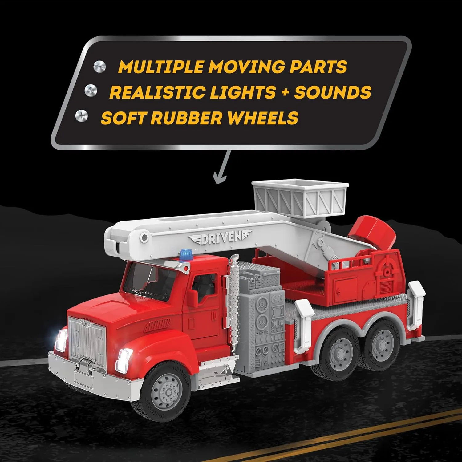 Driven by Battat - 4-Piece Toy Truck Set with Lights & Sounds - Interactive Vehicle Collection with Fire, Tow, Garbage & Log Trucks - Kids Toys with LED Lights, Ages 3 