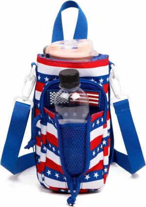 Dual Tactical Molle Water Pouch, Tactical Bottle Holder Storage Bag for 32oz Carrier,Drawstring Open Top & Zipper Open Front, Travel Water Bottle Bag with Shoulder Strap and Patch