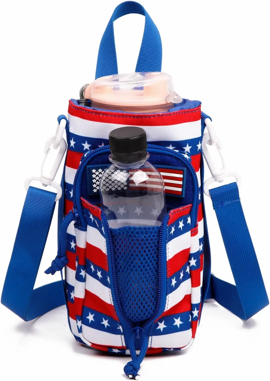 Dual Tactical Molle Water Pouch, Tactical Bottle Holder Storage Bag for 32oz Carrier,Drawstring Open Top & Zipper Open Front, Travel Water Bottle Bag with Shoulder Strap and Patch