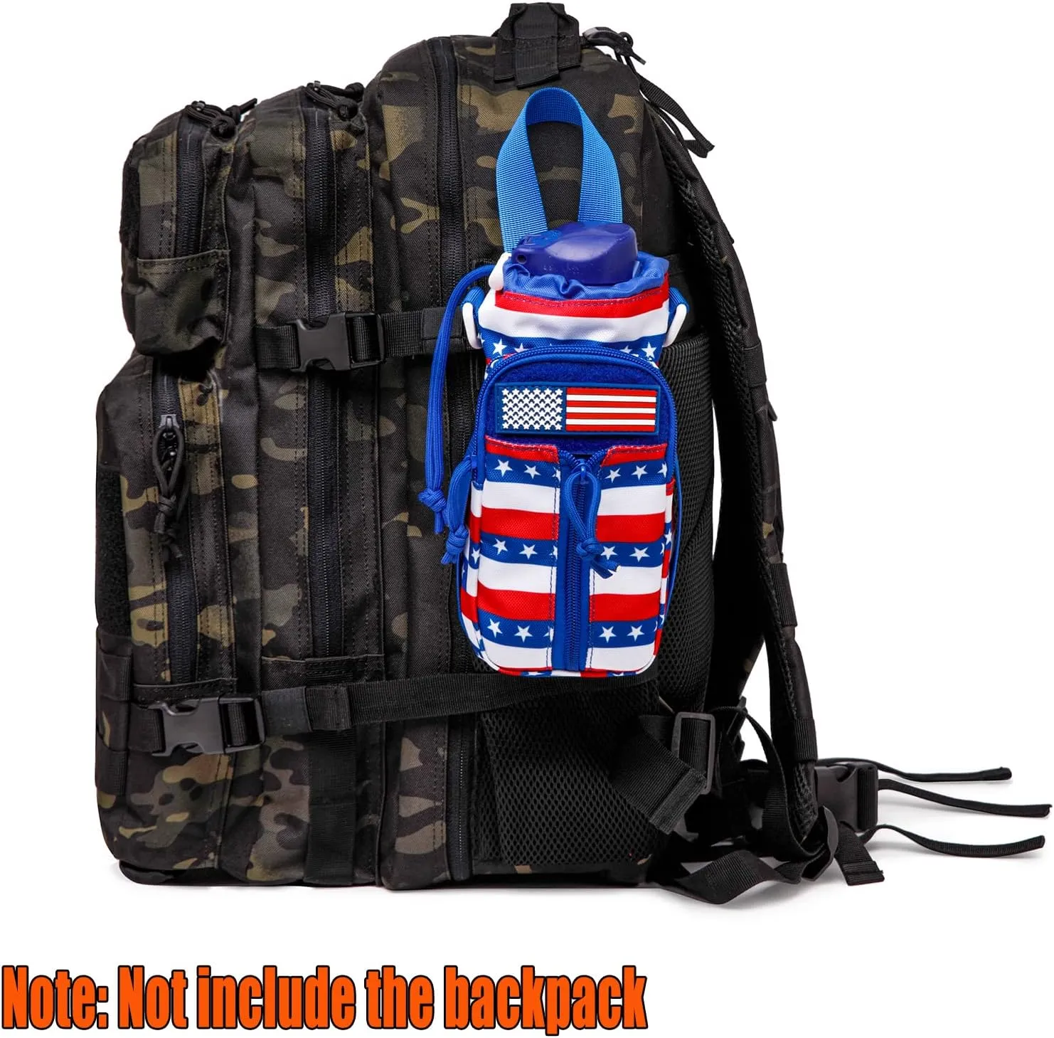 Dual Tactical Molle Water Pouch, Tactical Bottle Holder Storage Bag for 32oz Carrier,Drawstring Open Top & Zipper Open Front, Travel Water Bottle Bag with Shoulder Strap and Patch