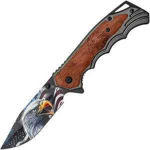 Eagle Wood Pocket Knife - Tactical Folding Knife with 3.5" Steel Blade featuring Eagle Print - Overall Length 8.25" - 440 Stainless Steel - Ideal EDC Gear