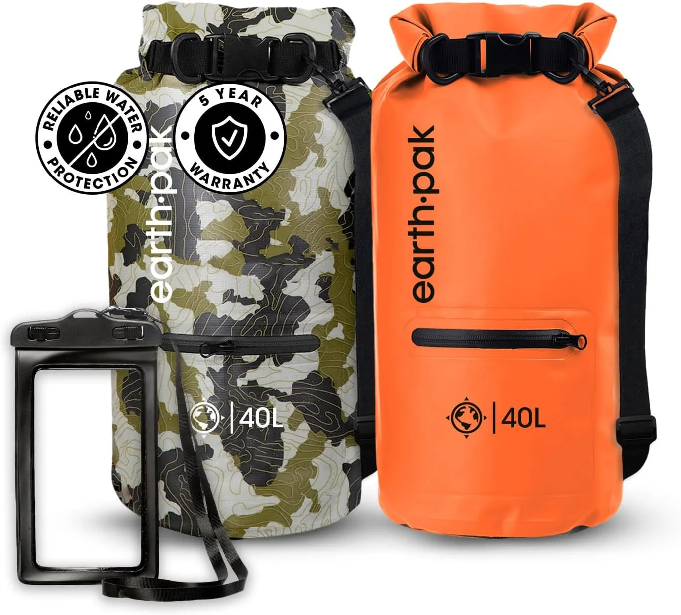 Earth Pak Waterproof Dry Bag with Zippered Pocket - Waterproof Dry Bag Backpack Keeps Gear Dry for Boating, Camping, Fishing, Beach Drybag, Kayak Accessories - Dry Bags Waterproof with Phone Case