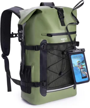 ECOHUB Waterproof Backpack for Women Men, 30L Roll-Top Closure Heavy Duty Dry Bag for Travel Kayaking Boating Hiking Floating with IPX8 Waterproof Phone Case (Green)