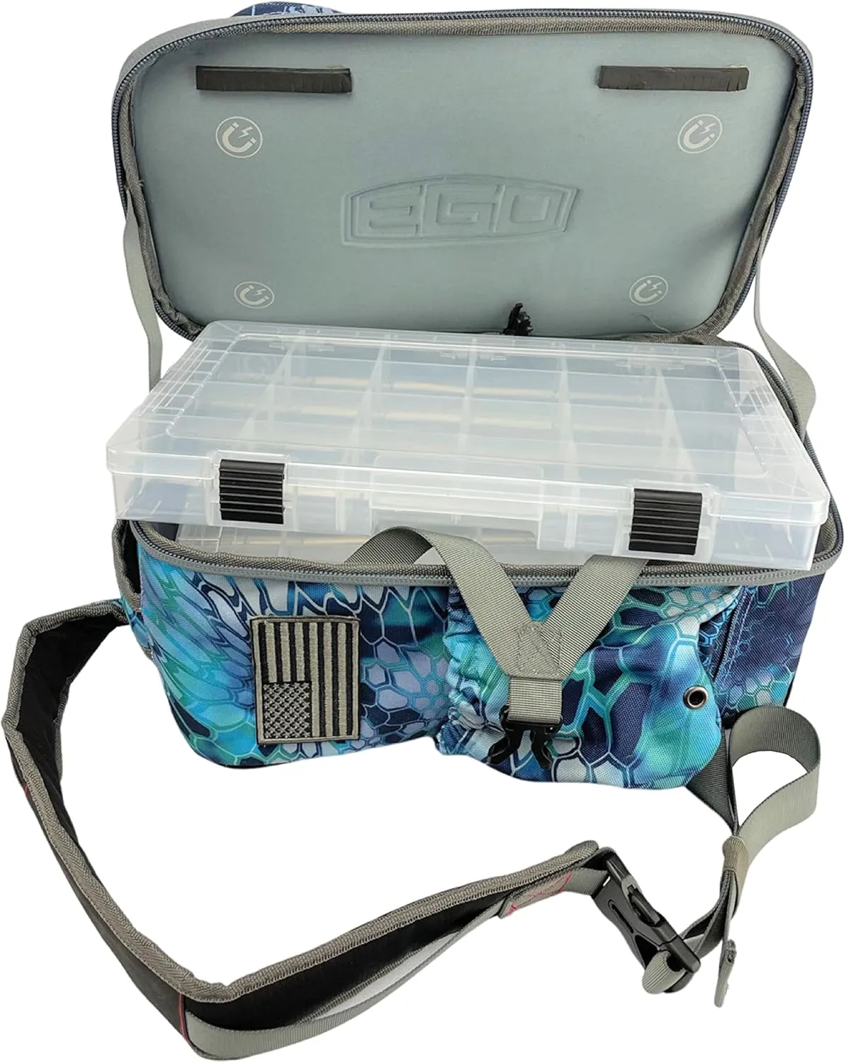 EGO Kryptek Tactical Tackle Box Backpack, Durable Fishing Tool Bag, 1000D Nylon Fabric with PVC Back, Water-Resistant, Multiple Storage Pockets, Laser-Cut Molle Loops, Includes 4 Tackle Trays