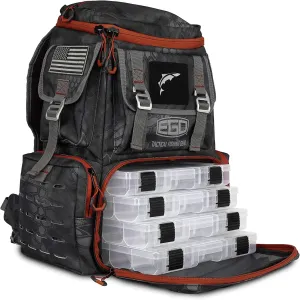 EGO Kryptek Tactical Tackle Box Backpack, Durable Fishing Tool Bag, 1000D Nylon Fabric with PVC Back, Water-Resistant, Multiple Storage Pockets, Laser-Cut Molle Loops, Includes 4 Tackle Trays