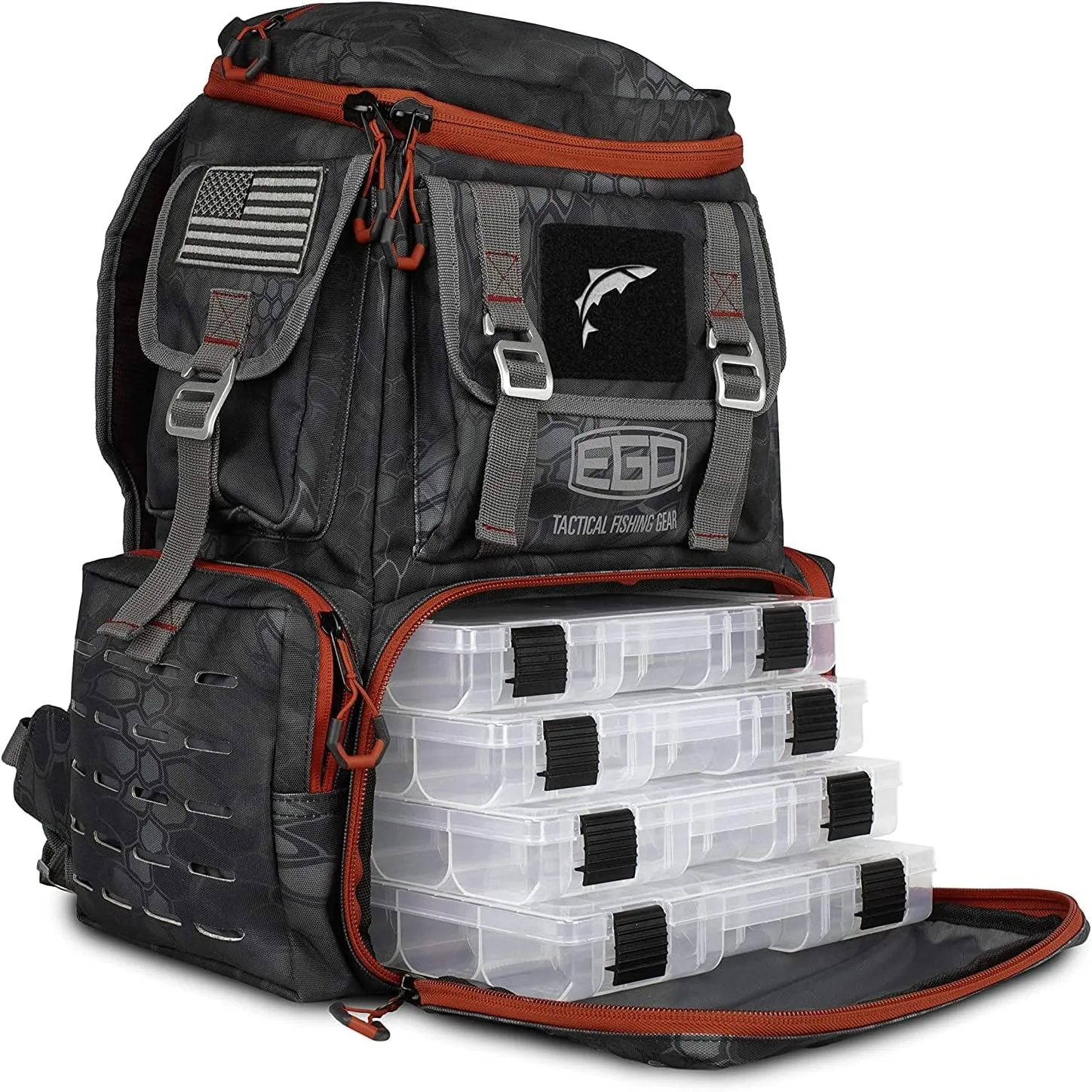 EGO Kryptek Tactical Tackle Box Backpack, Durable Fishing Tool Bag, 1000D Nylon Fabric with PVC Back, Water-Resistant, Multiple Storage Pockets, Laser-Cut Molle Loops, Includes 4 Tackle Trays