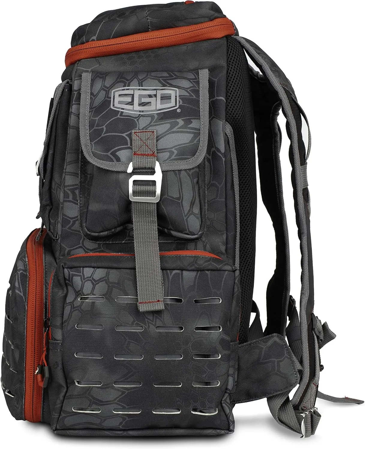 EGO Kryptek Tactical Tackle Box Backpack, Durable Fishing Tool Bag, 1000D Nylon Fabric with PVC Back, Water-Resistant, Multiple Storage Pockets, Laser-Cut Molle Loops, Includes 4 Tackle Trays