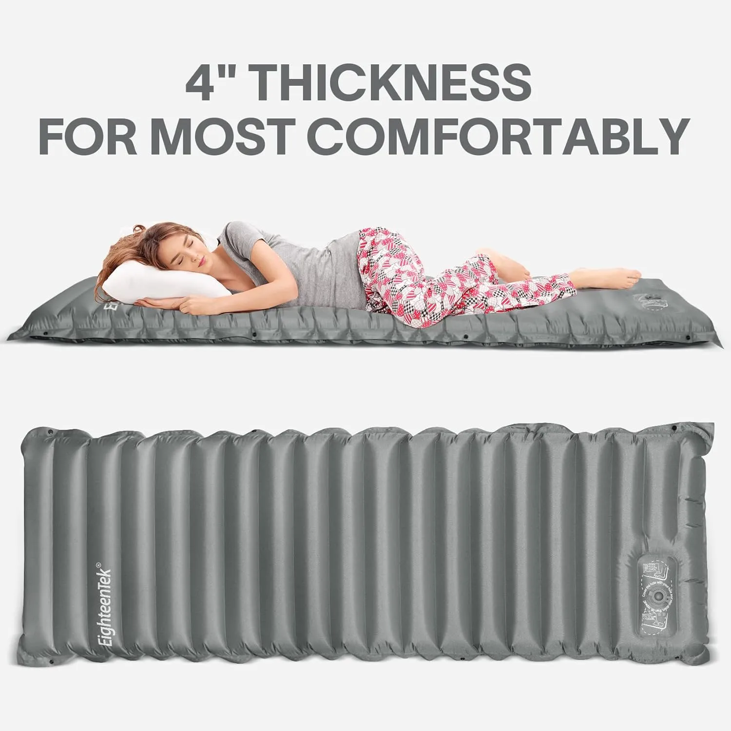 EighteenTek Sleeping Pad Mat Camping Sleeping Pad, Thick 4 Inch Camp Mattress Pad, Built-in Foot Pump Fast Self Inflating Sleeping Pad Backpacking for Hiking Ultralight